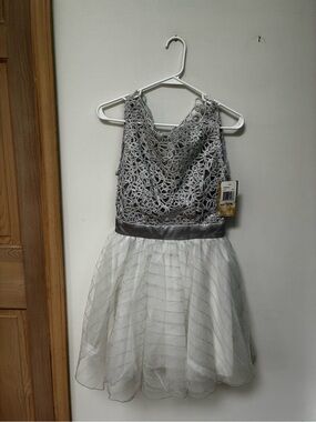 Trixxi Silver Lace & White Tulle Girls' Formal Dress